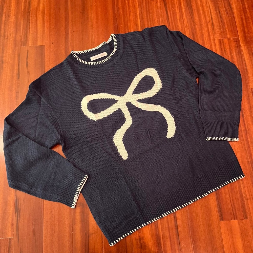 Blue White Bow Sweater Navy Miss Sparkling Knit Crew Long Sleeve New Size Large